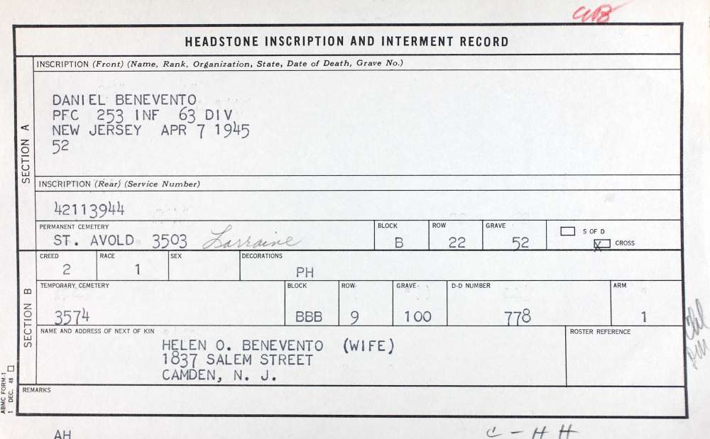 Headstone Inscription and Interment Record for PFC Daniel Benevento, 1837 Salem Street, Camden, NJ, killed April 7, 1945