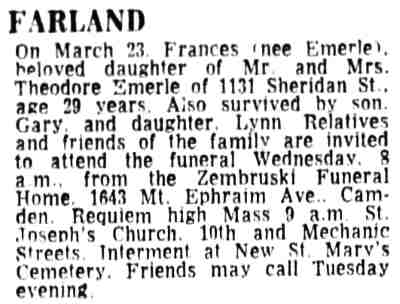 Farland obituary, Camden Courier-Post, March 26, 1968
