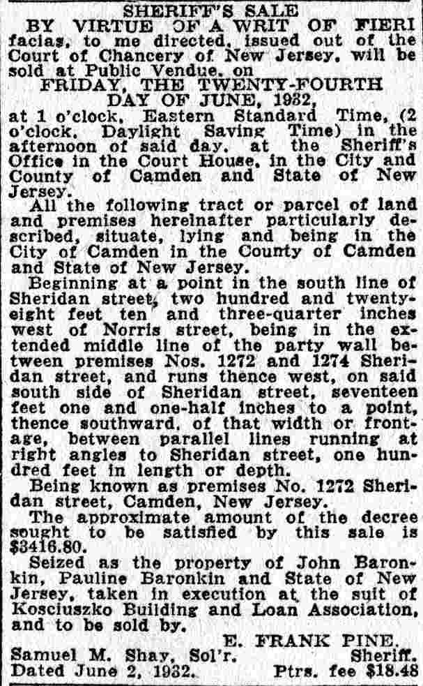 Sheriff's Sale notice, 1272 Sheridan Street, 1932