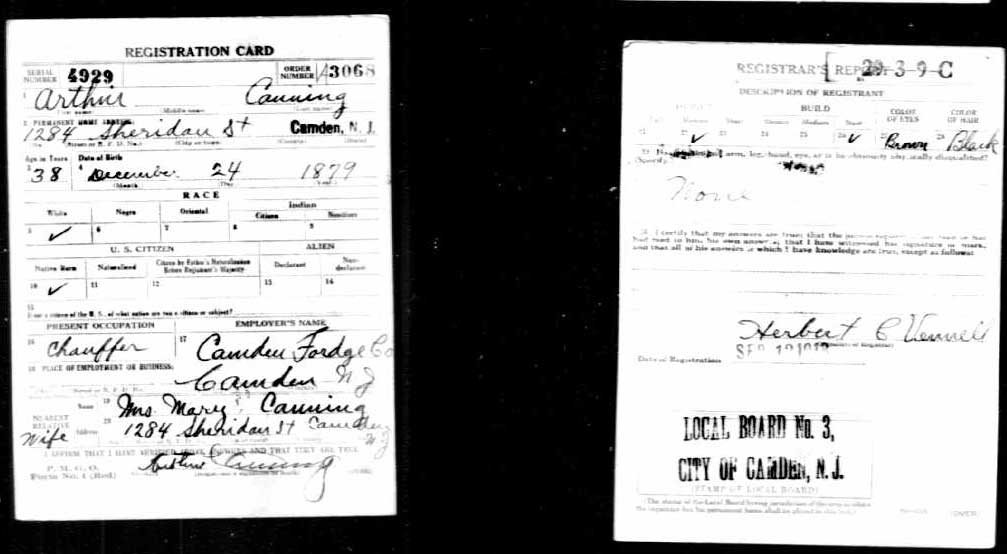 Arthur Canning WWI Draft Registration Card, September 12, 1918