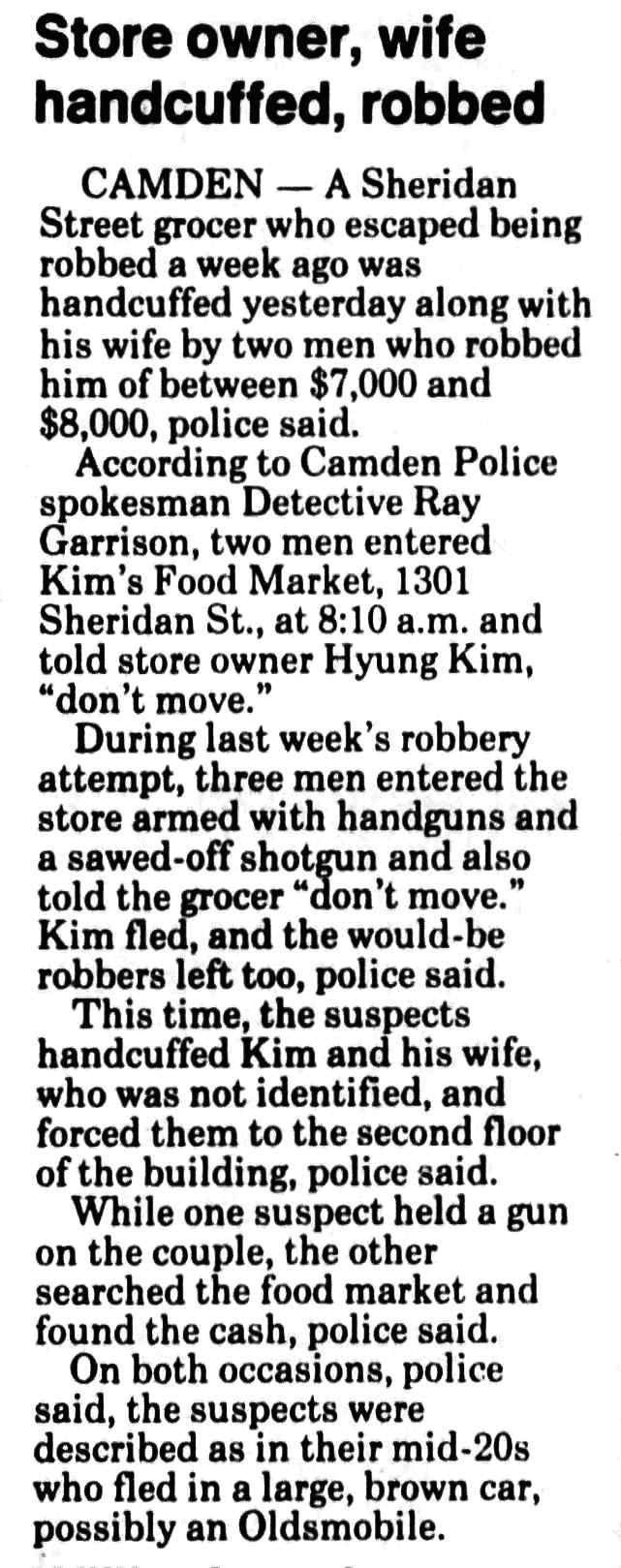 Store owner, wife handcuffed, robbed, Camden Courier-Post, July 31, 1990