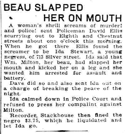Beau Slapped Her on Mouth — Ida Stewart, 713 Silver Street, 1913