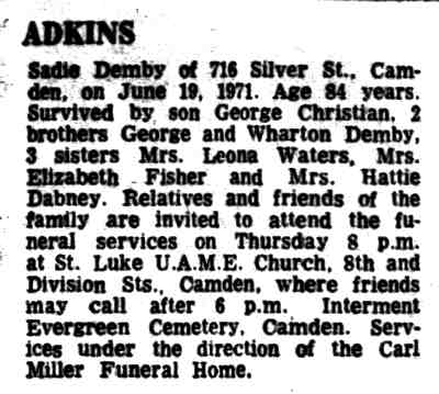 Death notice for Sadie Demby, 716 Silver Street, 1971
