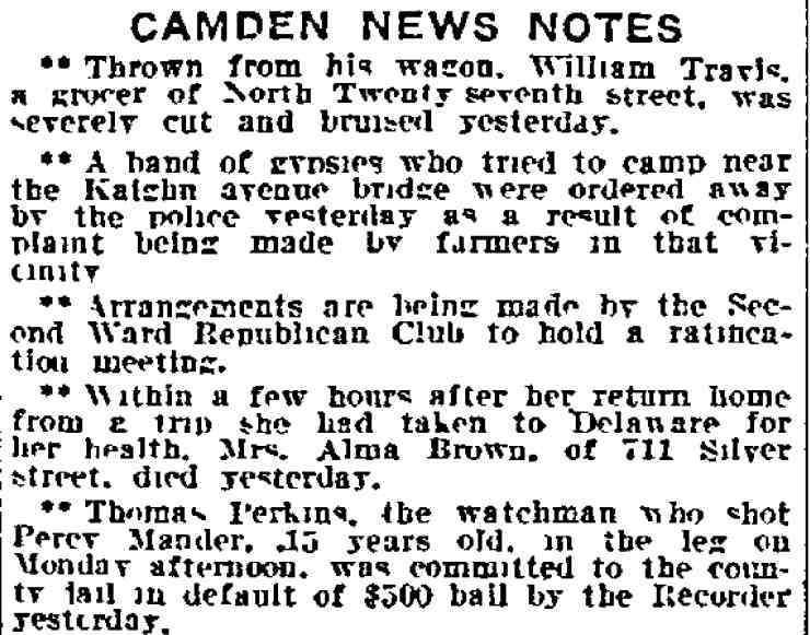 Camden News Notes — Mrs. Alma Brown, 711 Silver Street, 1909