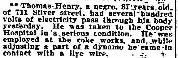 Thomas Henry electricity accident at coke works — 711 Silver Street, 1906