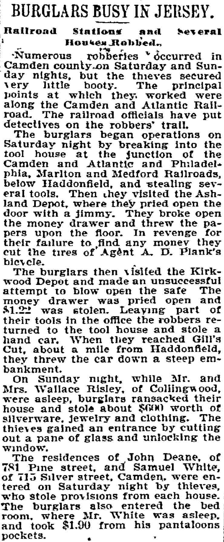 Burglars Busy in Jersey — 715 Silver Street, Samuel White, 1895
