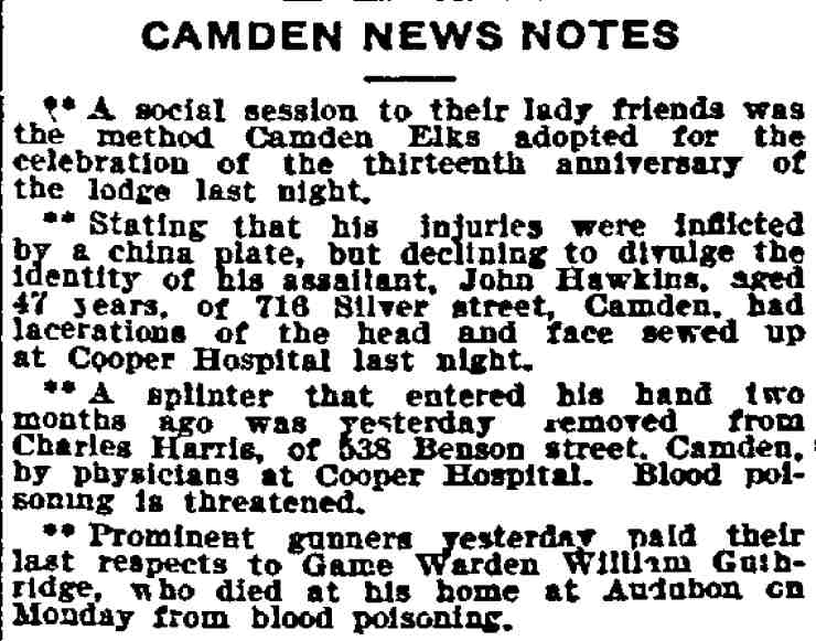 Camden News Notes — John Hawkins injured, 716 Silver Street, January 24, 1908