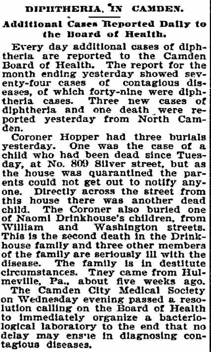 Diphtheria in Camden — 809 Silver Street, Naomi Drinkhouse, 1894