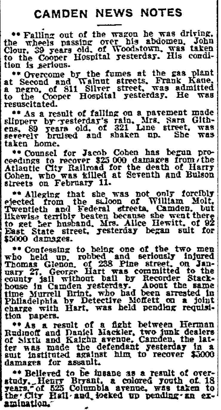Camden News Notes — Frank Kane, 811 Silver Street, gas fumes, 1909