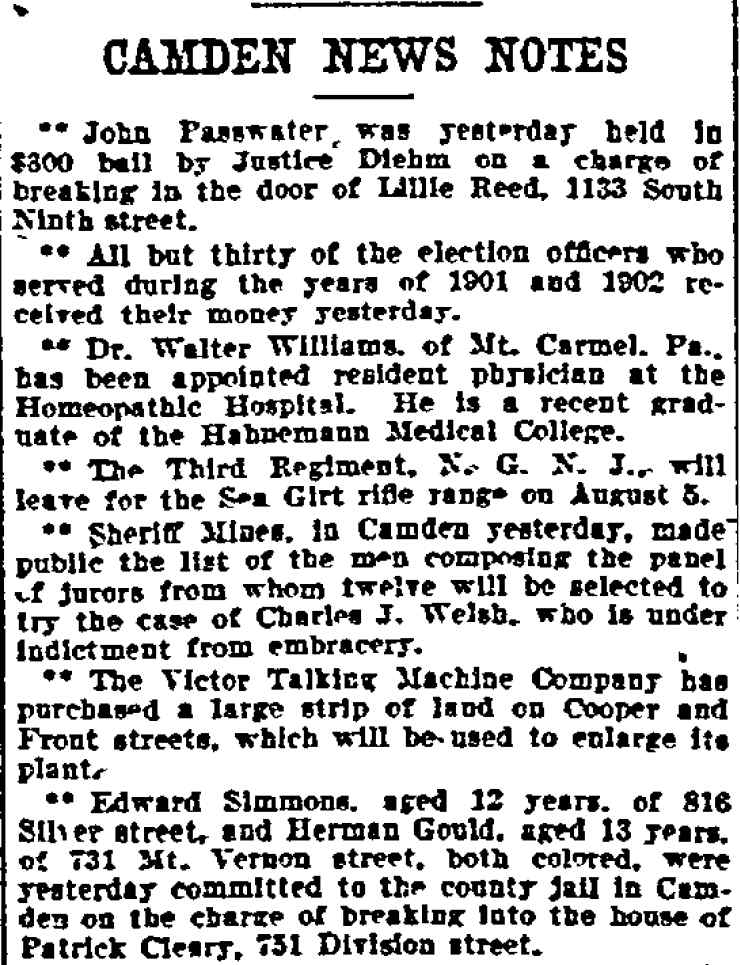 751 Division Street — Patrick Cleary & Family, Philadelphia Inquirer, July 15, 1903