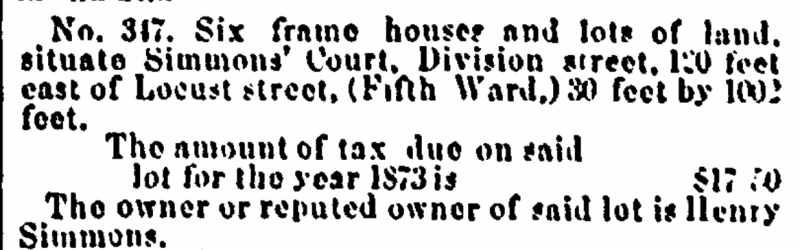 West Jersey Press tax notice for Simmons Court, September 2, 1874