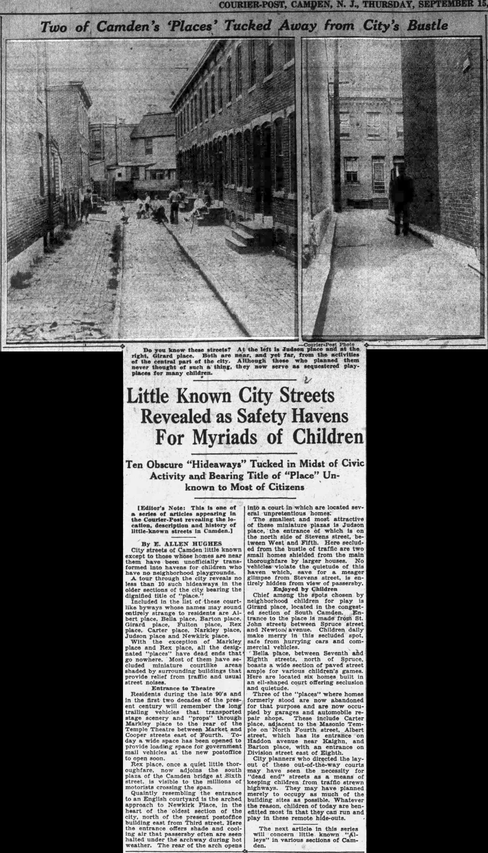 Courier-Post page showing two photos of Judson Place and Girard Place in Camden, September 15, 1932