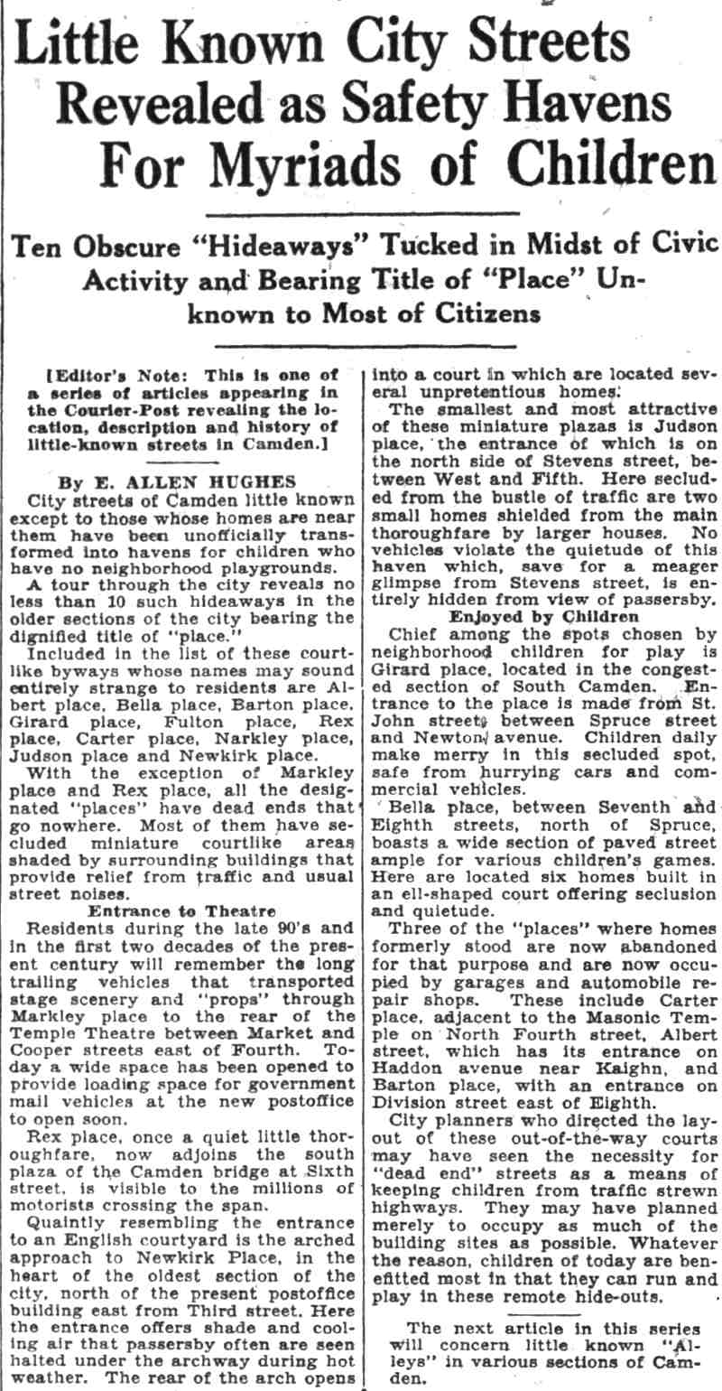 Full article text: Little Known City Streets Revealed as Safety Havens For Myriads of Children, Courier-Post, September 15, 1932