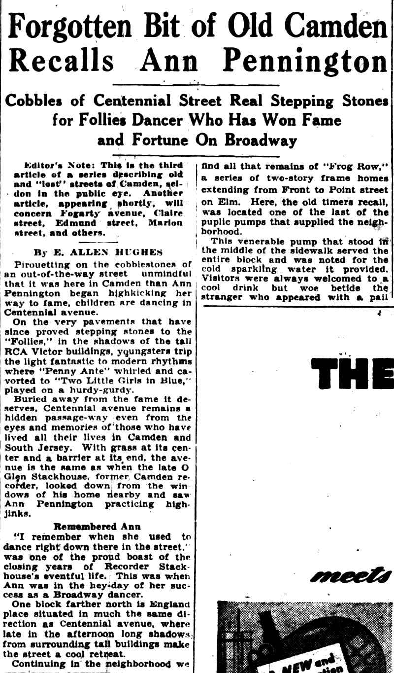 Article headline: Forgotten Bit of Old Camden Recalls Ann Pennington, Courier-Post, September 26, 1932