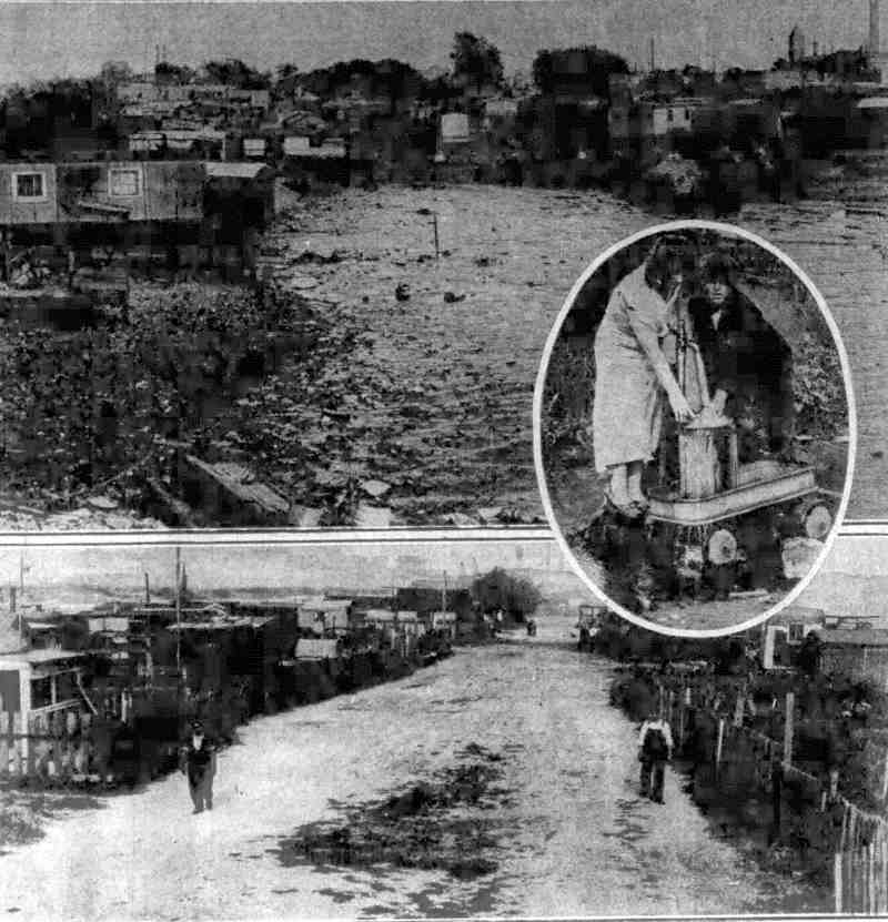 Aerial view of Liney Ditch community at foot of Jasper Street, Camden, with inset photo of a resident, 1932