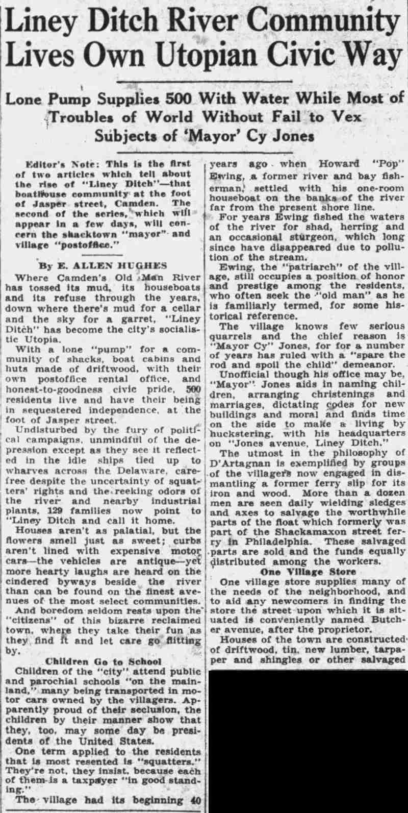 Article text: Liney Ditch River Community Lives Own Utopian Civic Way, Courier-Post, September 30, 1932