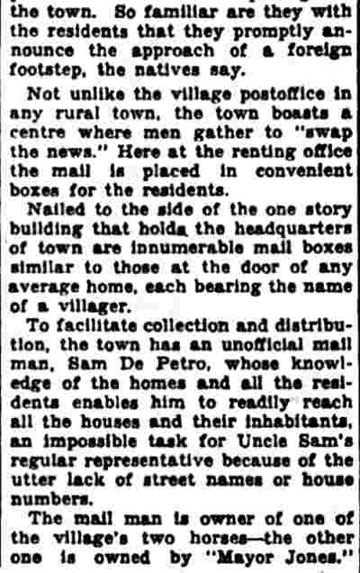 Article text col. 5: The Town Postoffice, Mail Man Sam De Petro