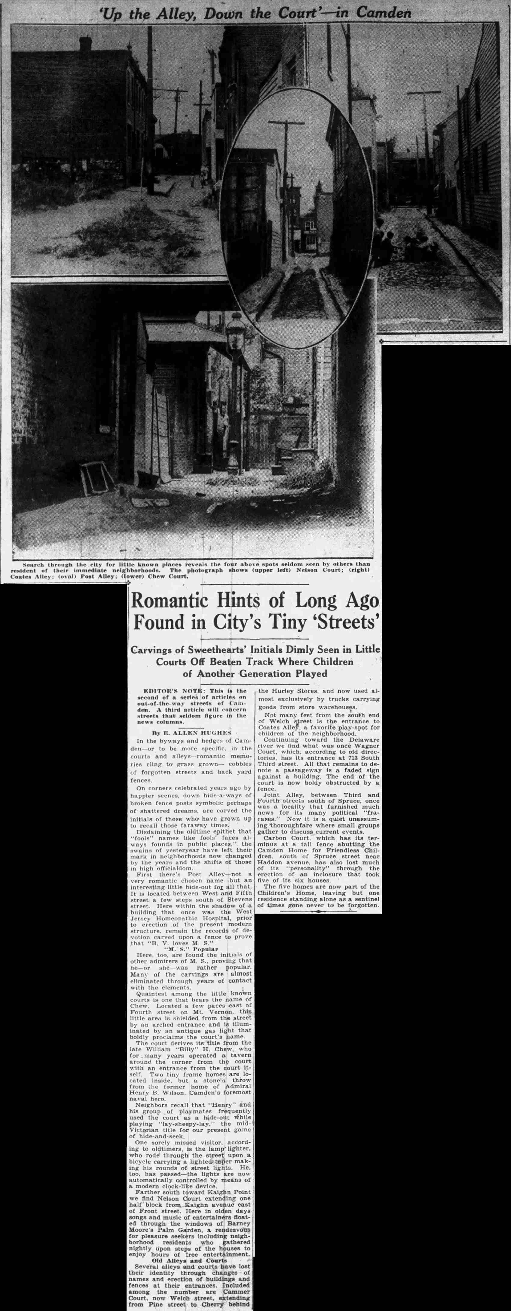 Full article: Romantic Hints of Long Ago Found in City's Tiny Streets, Courier-Post, September 19, 1932