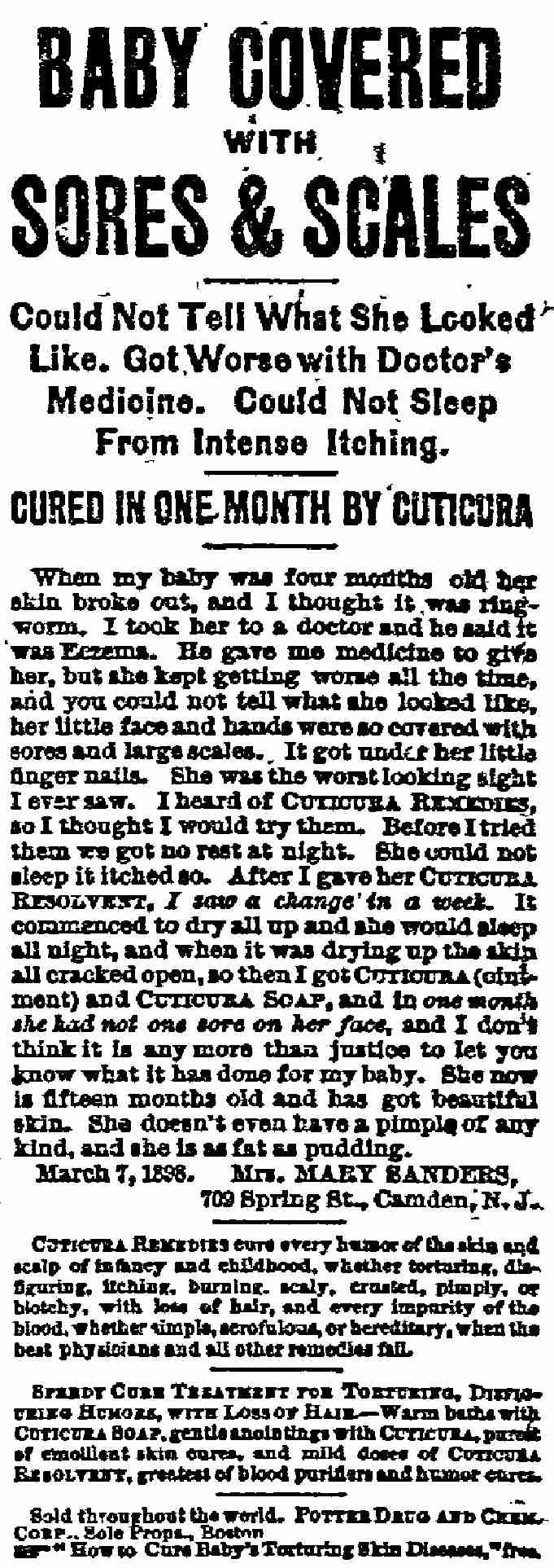 Baby Covered With Sores and Scales — Cuticura advertisement, Philadelphia Inquirer, March 7, 1898