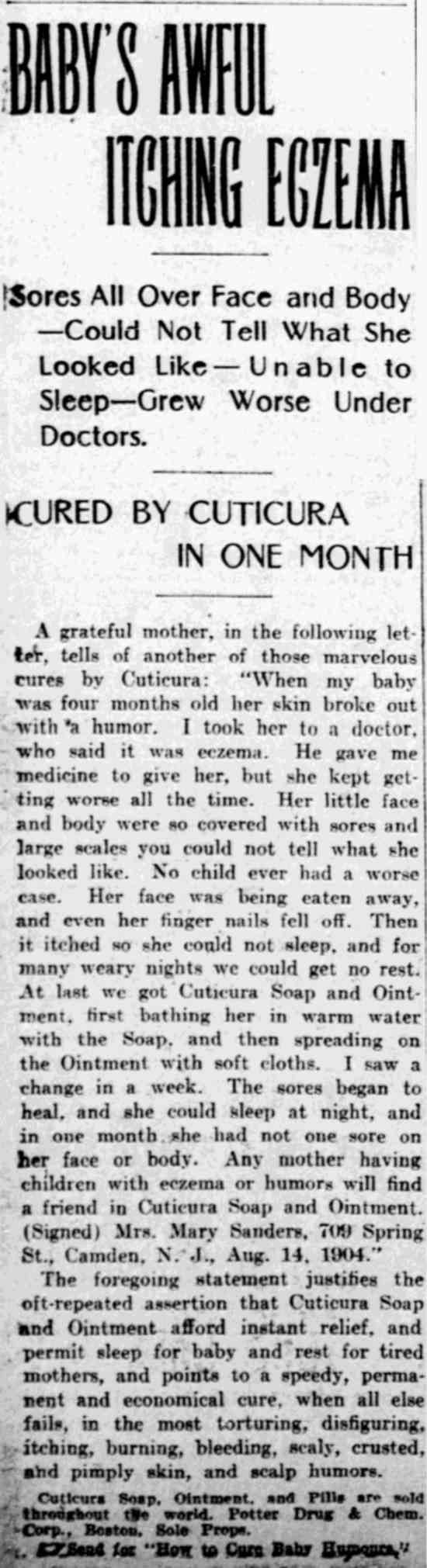 Baby's Awful Itching Eczema — Cuticura advertisement, Philadelphia Inquirer, 1905