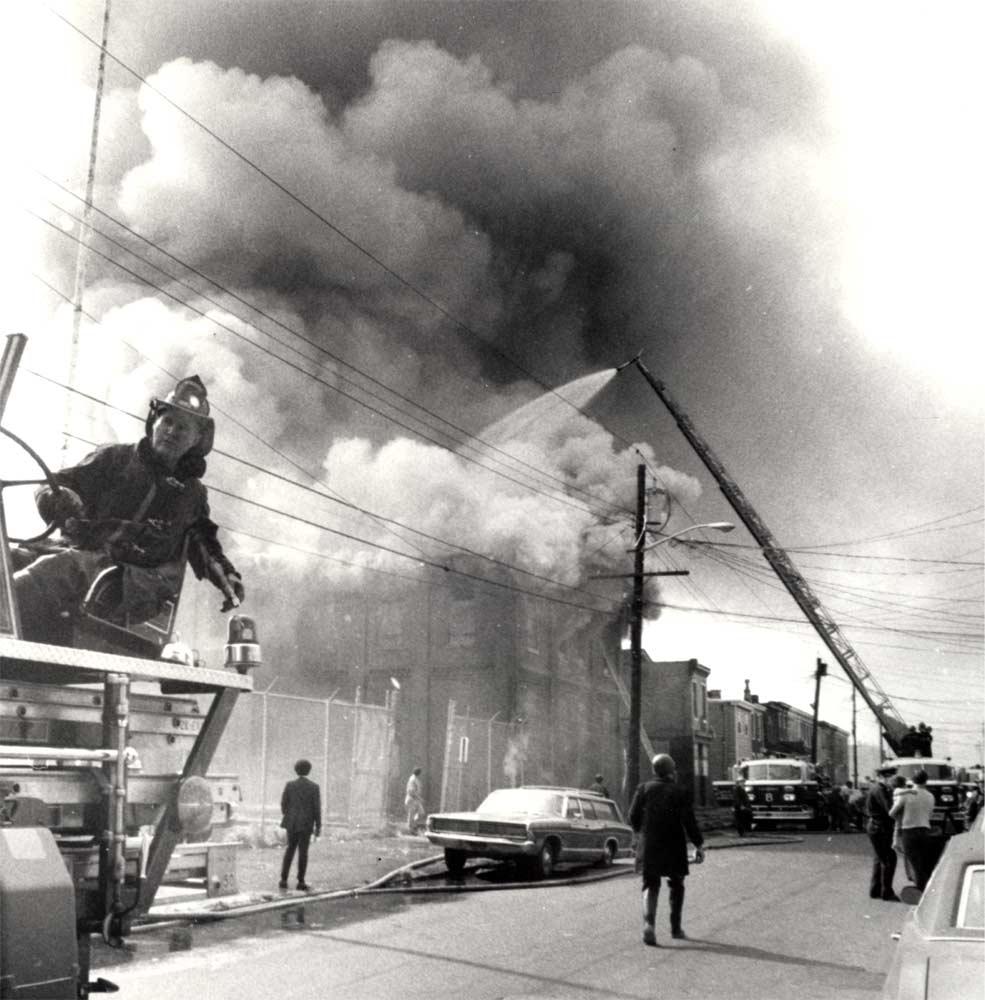 Ladder Company 1 at Liberty Public School fire, 740 Spruce Street, October 9, 1973, photograph by Bob Bartosz