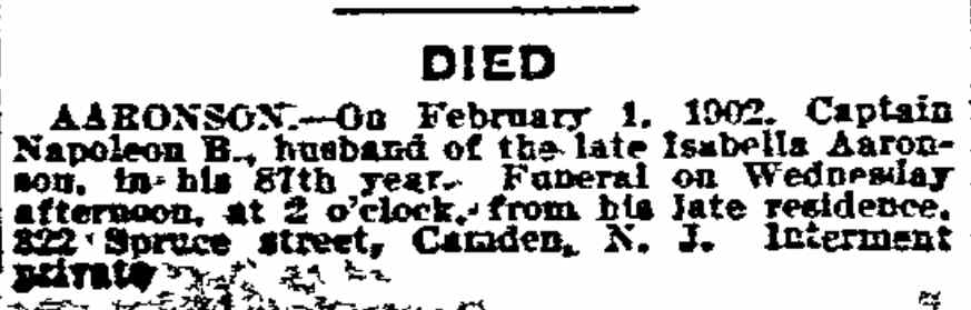 Captain Napoleon B. Aaronson Death Notice, Philadelphia Inquirer, February 1, 1902