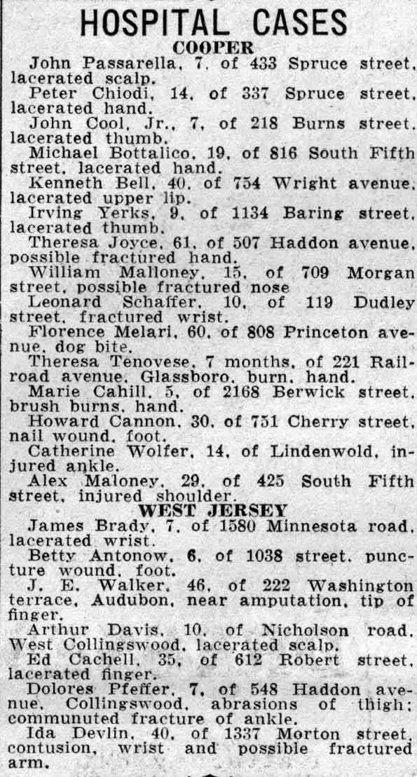 Hospital Cases, Camden Courier-Post, February 26, 1938 — Irving Yerks of 1134 Baring Street