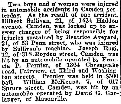 Two Boys and a Woman Hurt by Autos in Camden - Philadelphia Inquirer, November 20, 1922