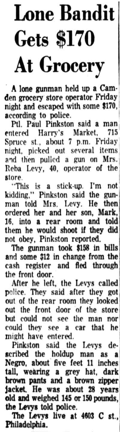 716 Spruce Street — Harry's Market news article, Camden Courier-Post, December 15, 1962