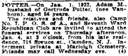 718 Spruce Street — Adam M. Potter & Family, Camden Post-Telegram, January 4, 1922
