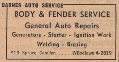 913 Spruce Street — Barnes Auto Service, 1955 NJ Bell Telephone Yellow Pages