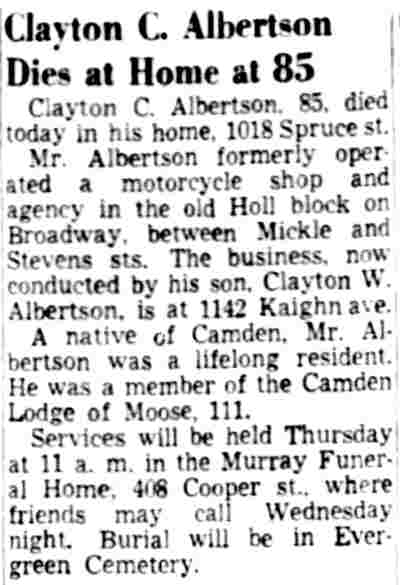 1018 Spruce Street — Clayton C. Albertson, motorcycle dealer, Camden Courier-Post, February 2, 1953