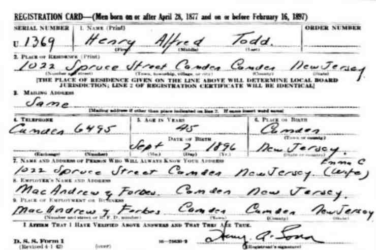 1022 Spruce Street — World War II draft card, 1942
