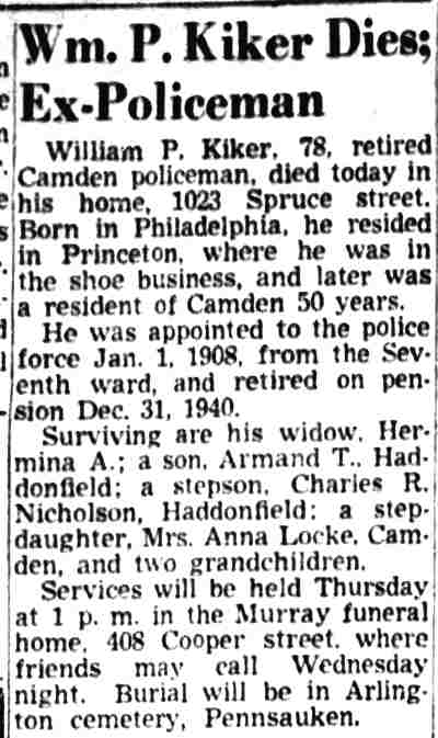 1023 Spruce Street — William Kiker & Family, Camden Courier-Post, April 3, 1950