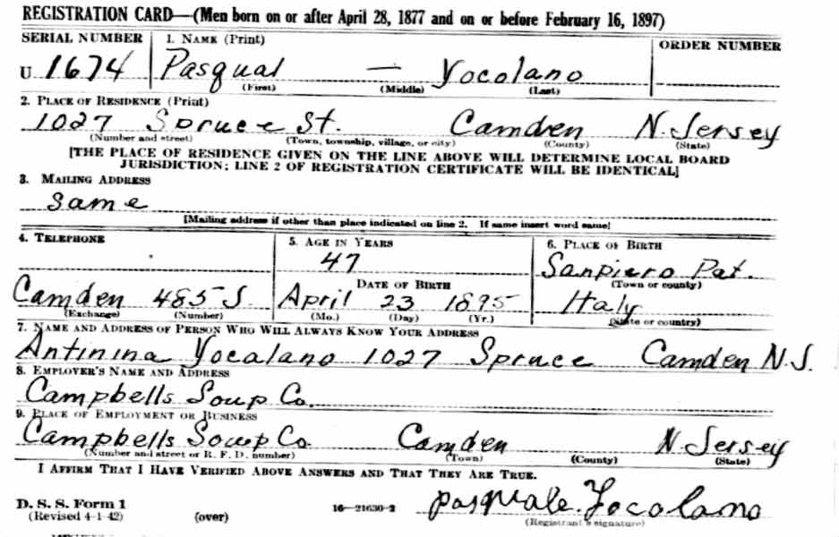 1027 Spruce Street — Pasquale Yocolano World War II draft card, 1942