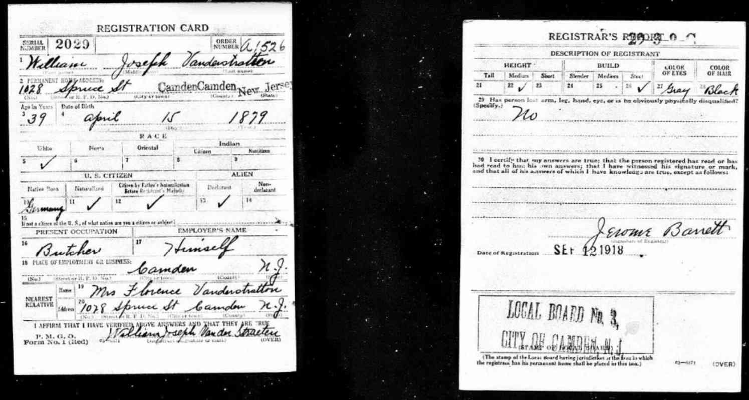 1028 Spruce Street — William J. Vanderstraeten World War I Draft Card, September 12, 1918