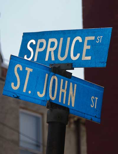 St. John Street and Spruce Street intersection sign, May 29, 2012