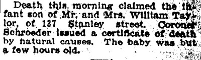 Death of infant son of William Taylor, 137 Stanley Street — Camden Post-Telegram, December 11, 1914