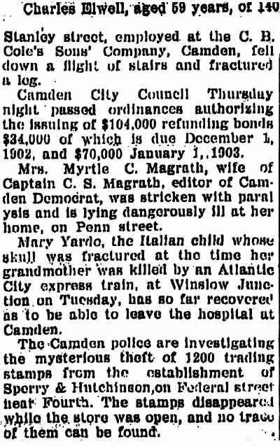 Charles Elwell, 140 Stanley Street — Bridgeton Evening News, September 29, 1902