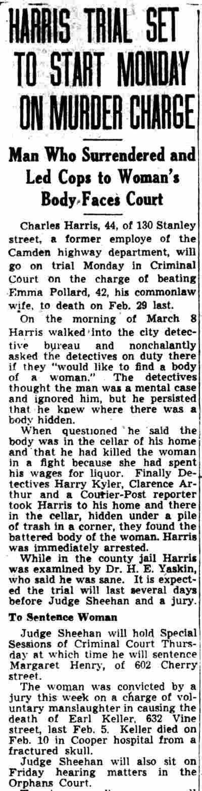 Harris Trial Set to Start Monday on Murder Charge — Camden Courier-Post, June 10, 1944