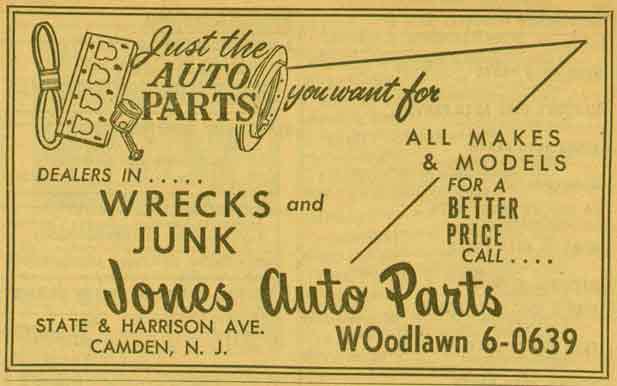 Jones Auto Parts advertisement at State Street and Harrison Avenue, New Jersey Bell Yellow Pages, 1955