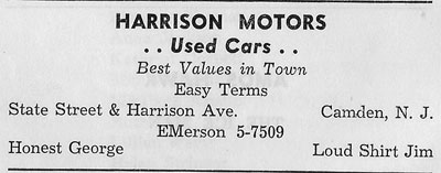 Harrison Motors used car dealership at State Street and Harrison Avenue, August 1951