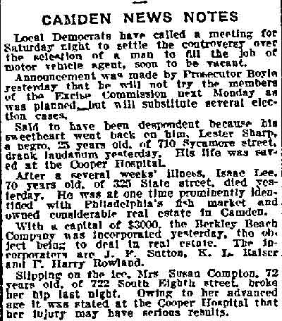 710 Sycamore Street — Lester Sharp, State Street, South 8th Street, William T. Boyle, Philadelphia Inquirer, December 27, 1912