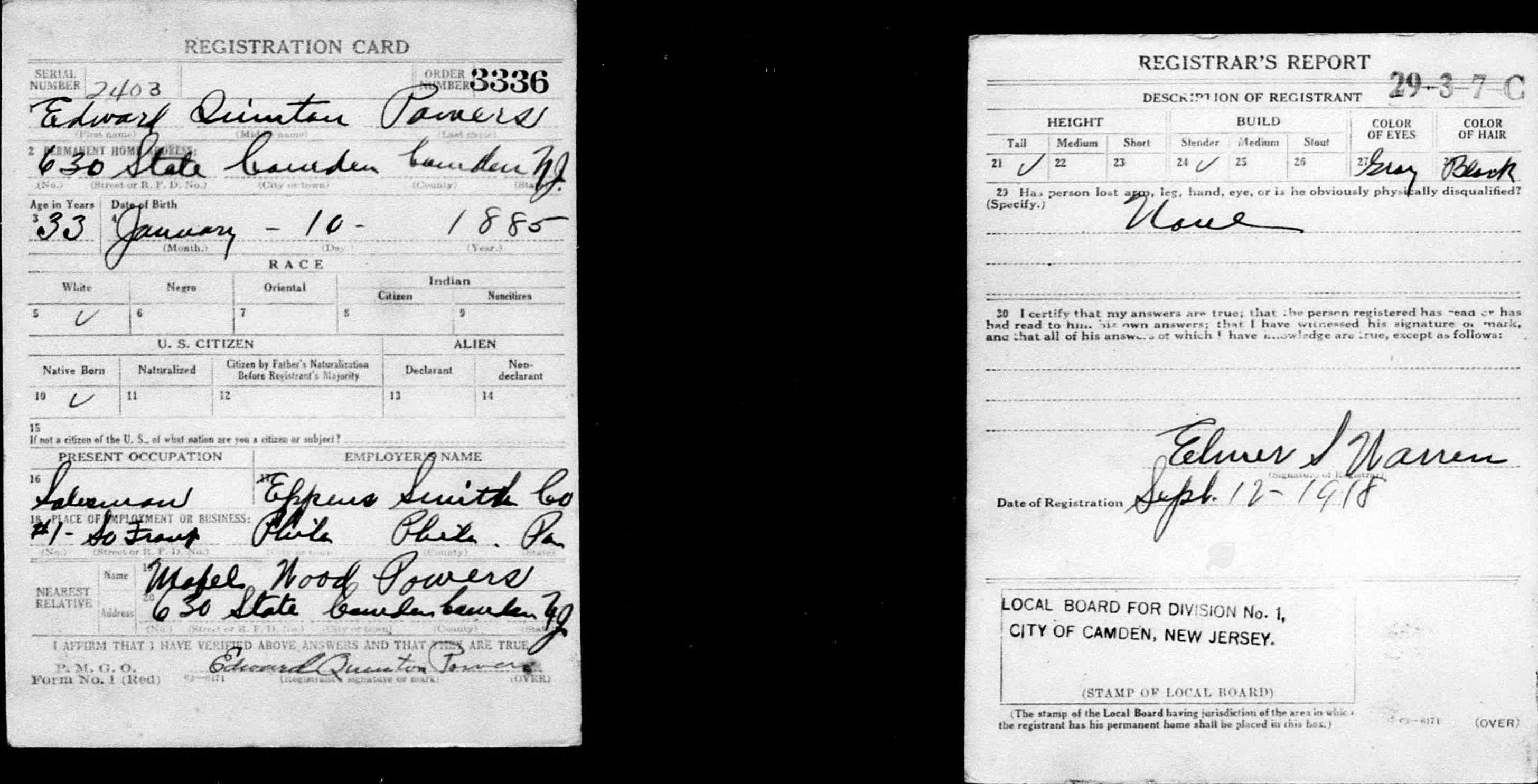630 State Street — Edward Q. Powers — WW1 draft card