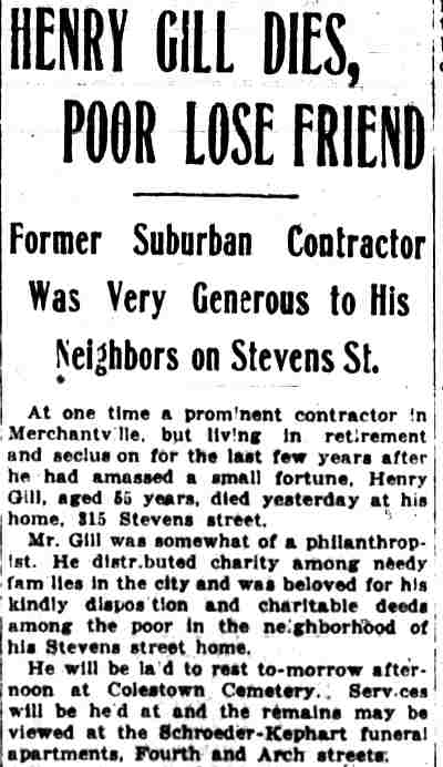 Henry Gill Dies, Poor Lose Friend - March 8, 1917