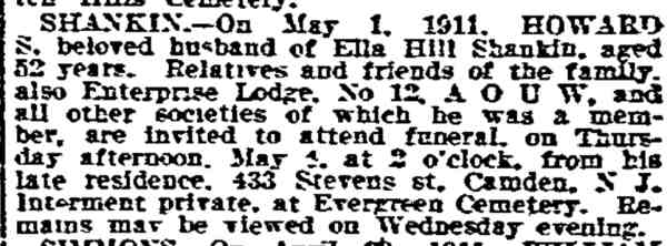 Death Notice of Howard S. Shankin - May 2, 1911
