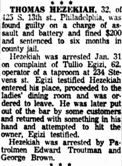 Thomas Hezekiah fined for assault in Egizi's taproom - February 4, 1955