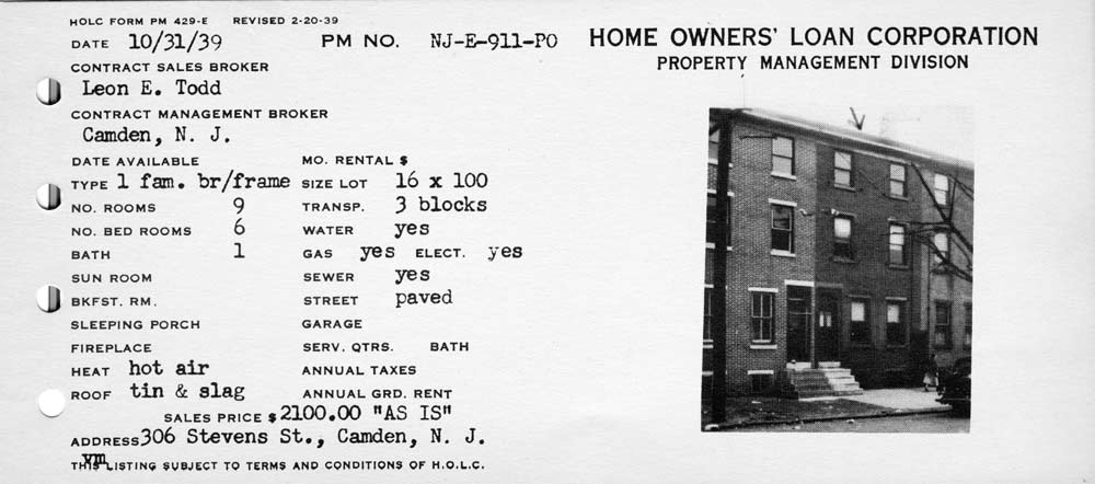 Property listing for 306 Stevens Street - October 31, 1939