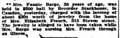 Mrs. Fannie Bargo held in $500 bail - February 22, 1905