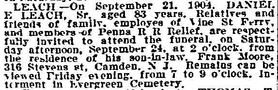 Death Notice of Daniel E. Leach, Sr. - September 22, 1904